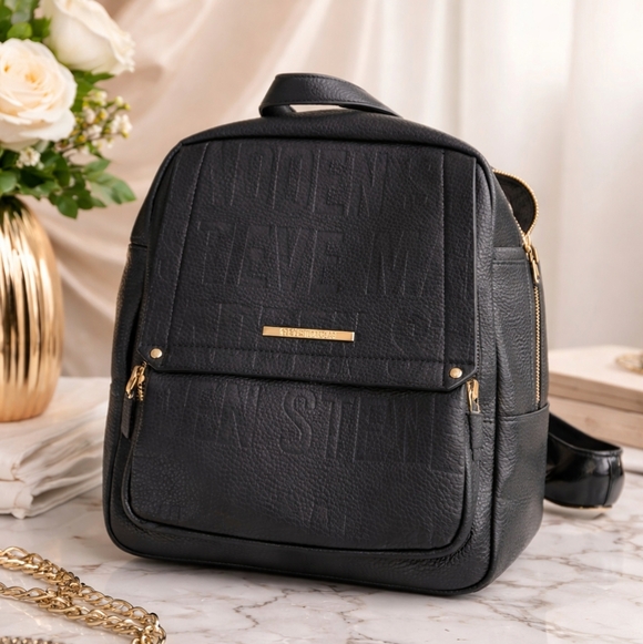 Steve Madden Handbags - Steve Madden Black & Gold Logo Backpack – Chic & Spacious